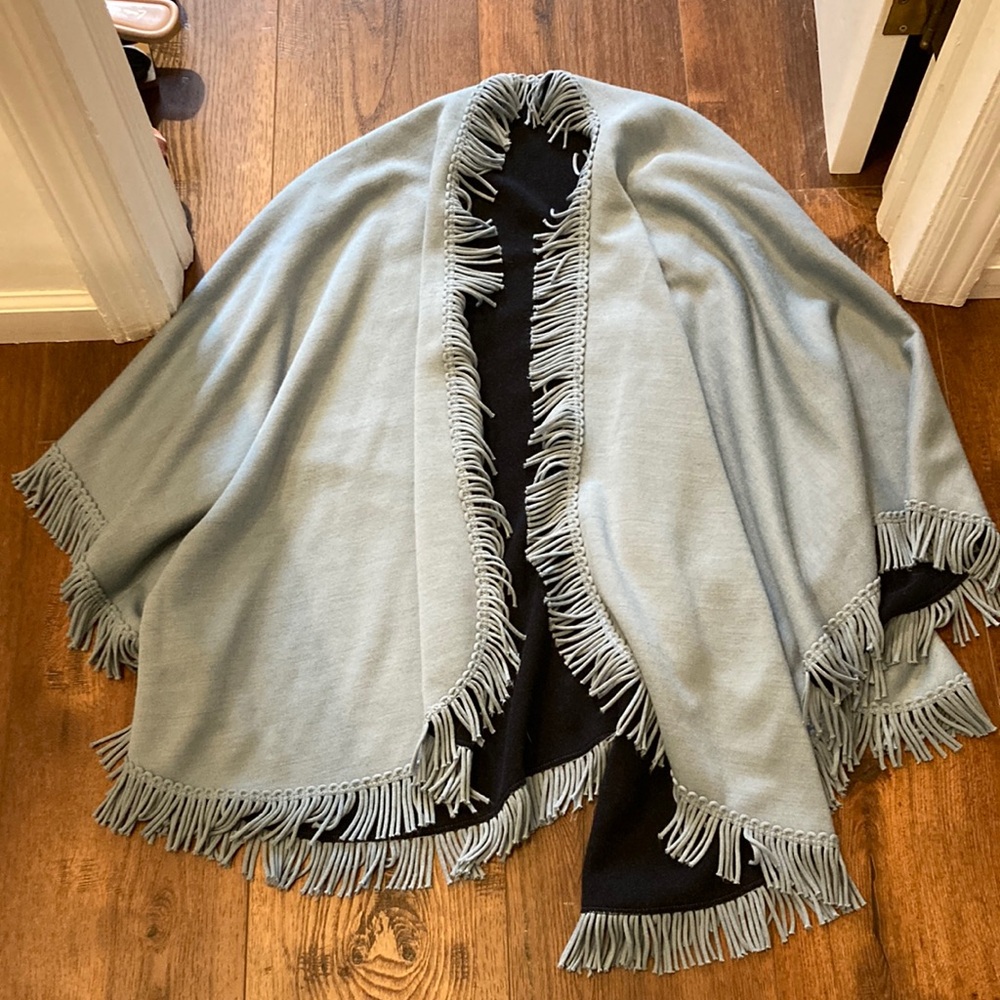 Vintage blue fringe poncho reversible one size